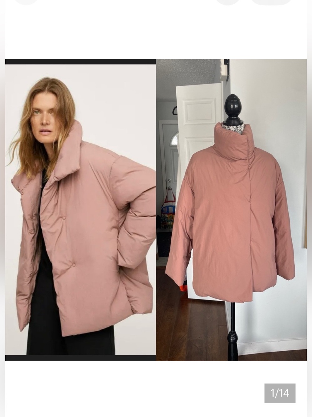 Mango Mock Neck Puffer Coat Jacket. Blush/Mauve. Medium.